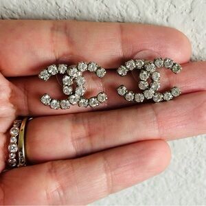 CHANEL CC Logo Earrings 2005 Silver Tone Vintage Studs with tag/ original Box